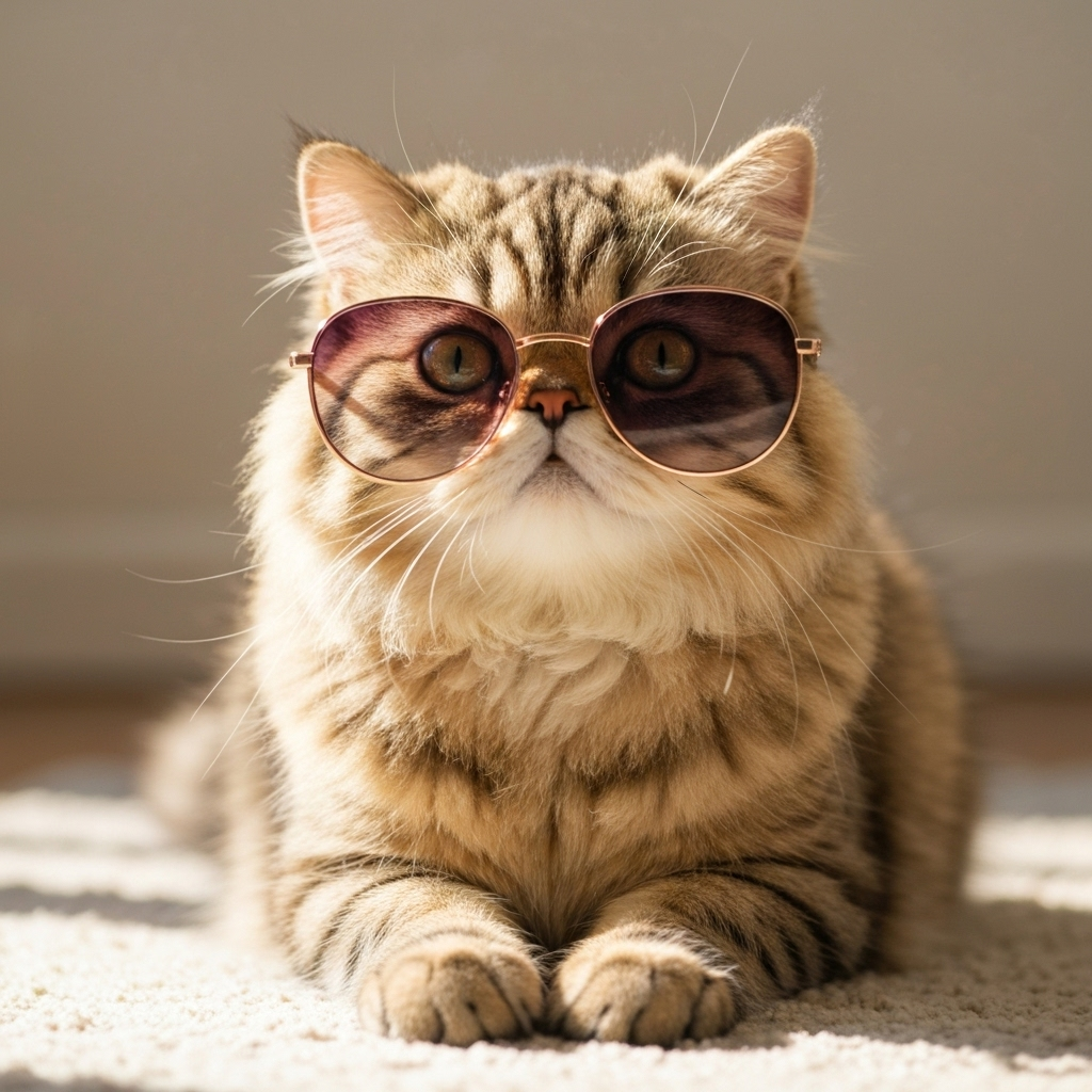 A cute cat wearing sunglasses sitting on a beach chair