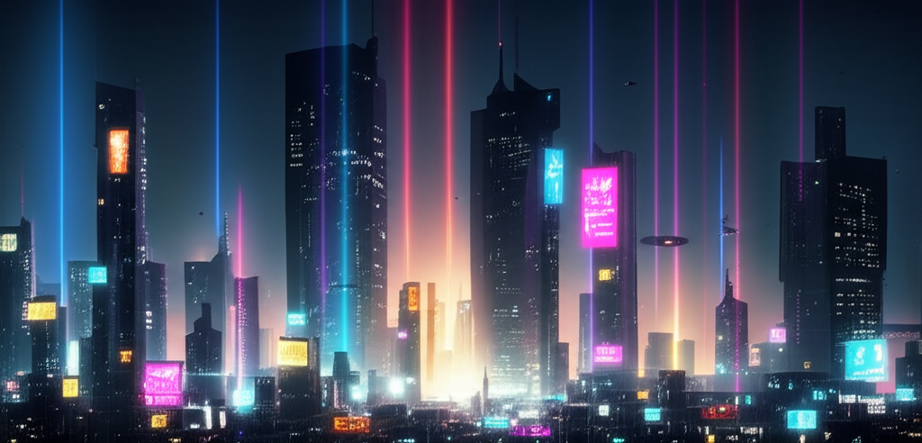 Futuristic city skyline with flying cars and neon lights