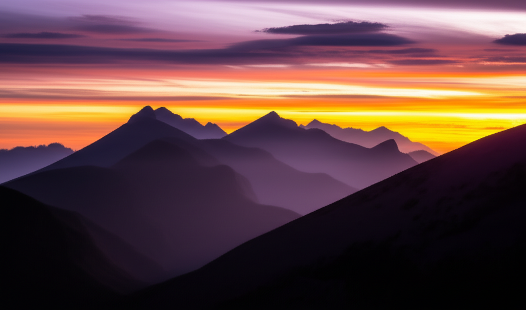 A beautiful sunset over mountains with a lake in the foreground